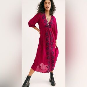 Free People Embroidered Fable Midi Dress Mystic Magenta Size XS